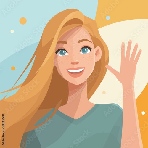 A joyful young woman with long blonde hair waves at the viewer, showcasing a bright smile. The background features colorful abstract shapes, enhancing the cheerful mood.