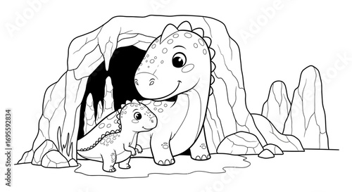 Cute cartoon dinosaurs family illustration in front of a cave coloring book page