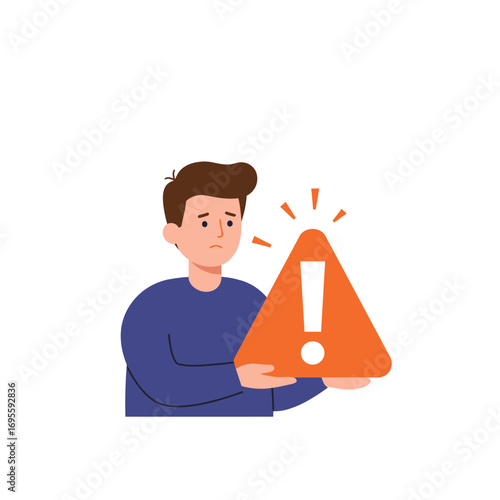 Worried man holding triangular warning sign with exclamation mark in flat cartoon style for caution or error messaging. Alert concept
