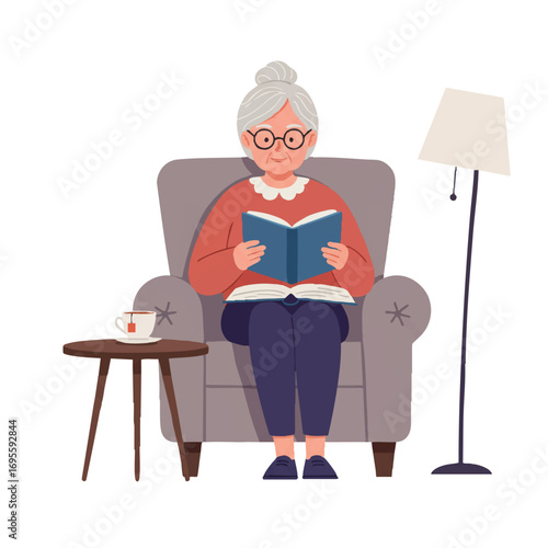 An older woman with glasses comfortably reads an open book in an armchair, a cup of tea on her side table, in a vibrant flat 2D vector illustration with clean outlines and a white background.
