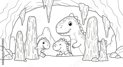 Cute dinosaur family in a cave setting illustration suitable for coloring books and educational