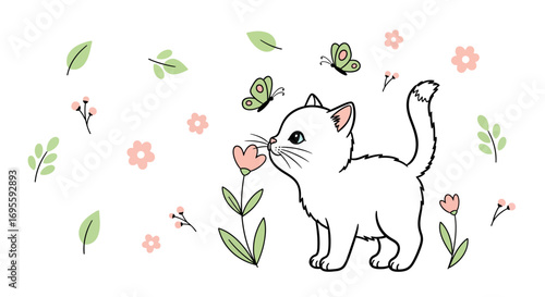 Cute white kitten smelling a flower with butterflies in a garden setting vector art design