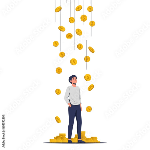 Person standing under falling gold coins with calm expression and hands in pockets in clean modern vector style. Finance concept
