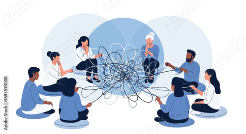 Diverse group therapy session untangling complex emotions and finding clarity together portraying