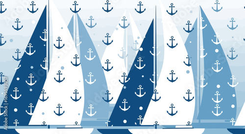 Elegant nautical vector pattern showcasing sailboats and anchors in shades of blue creating a