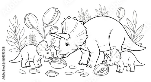 Enchanting triceratops family foraging among lush flowers in a whimsical coloring page setting