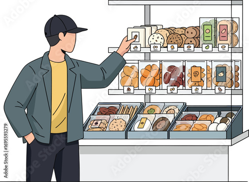Man in a cap selecting baked goods from a supermarket display.