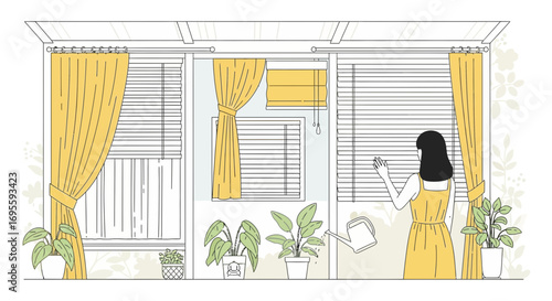 Illustration of woman watering plants by the window on a cozy sunlit balcony interior