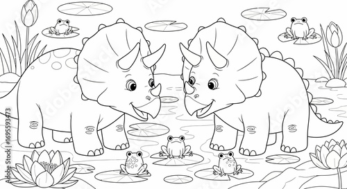 Line art illustration of two triceratops dinosaurs interacting with frogs in a pond scene