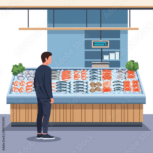 Man Shopping for Fresh Seafood at Market Display.