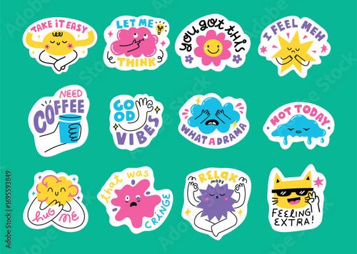 Fun Cute Doodle Sticker Pack Featuring Character-Based Quotes on Selfcare and Emotion