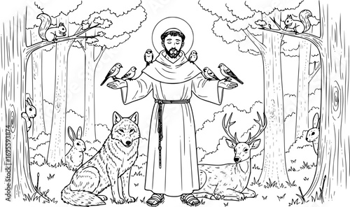 Silhouette Vector, Saint Francis of Assisi with Animals Vector Illustration – Christian Artwork of Saint in the Woods with Birds and Wildlife