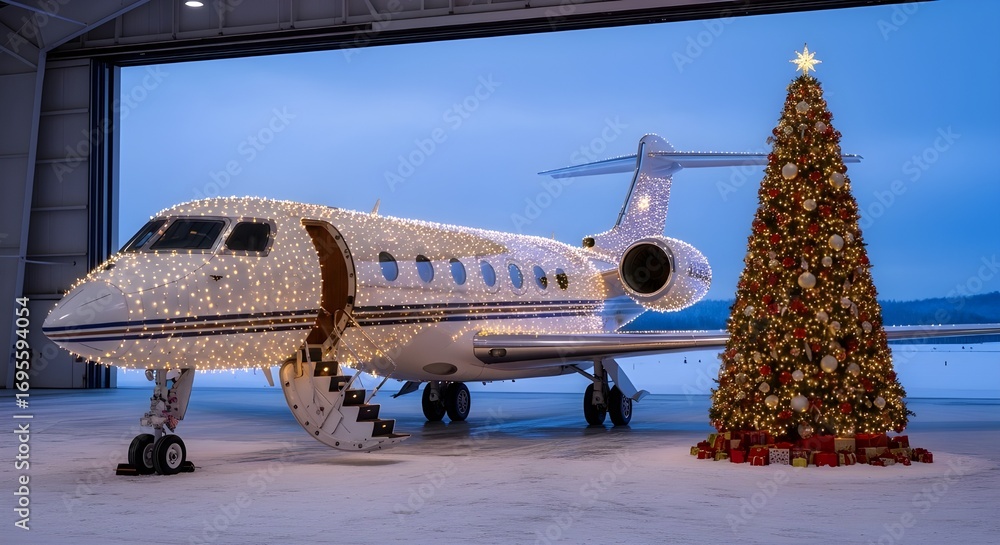 Fototapeta premium Private jet decorated with Christmas lights and a Christmas tree