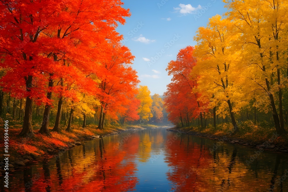 Obraz premium Autumn Vibes: Peaceful Landscape with Vibrant Fall Foliage Reflecting in Tranquil Water, a Cozy Scene of Nature Beauty and Warm Atmosphere.