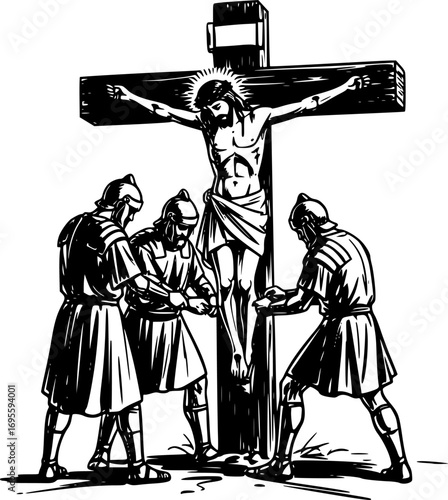 Silhouette Vector, Biblical Vector Illustration – Way of the Cross Eleventh Station, Jesus is Nailed to the Cross Christian Artwork