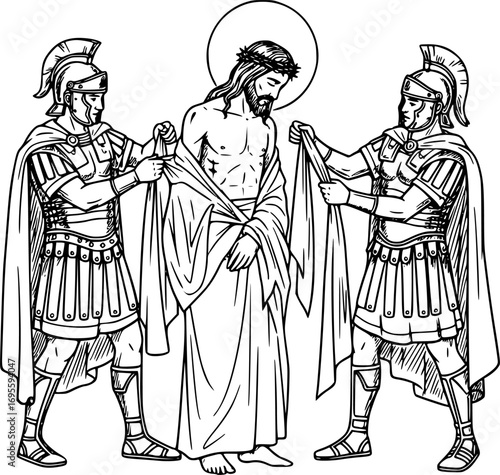 Silhouette Vector, Biblical Vector Illustration – Way of the Cross Tenth Station, Jesus is Stripped of His Garments Christian Artwork