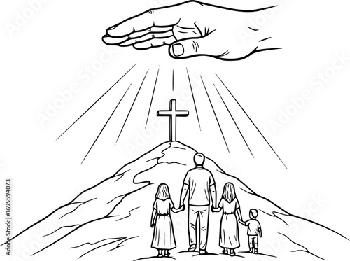 Silhouette Vector, Hand of God Protecting and Blessing Christian Family Vector Illustration – Religious Symbol of Faith and Cross on Hill