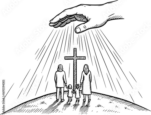 Silhouette Vector, Hand of God Protecting and Blessing Christian Family Vector Illustration – Religious Symbol of Faith and Cross on Hill