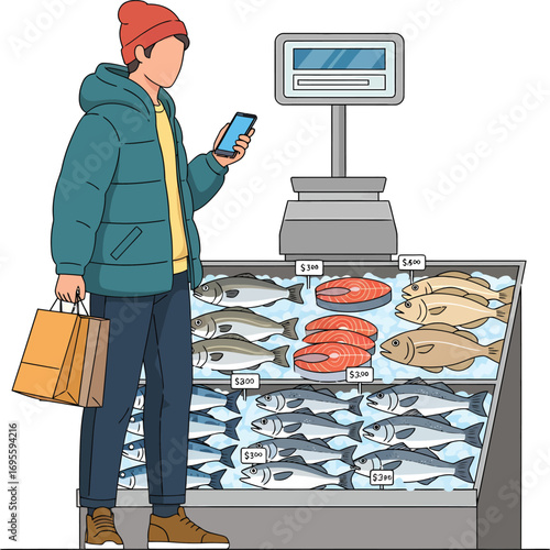 Person with shopping bag and phone at a fish market display.