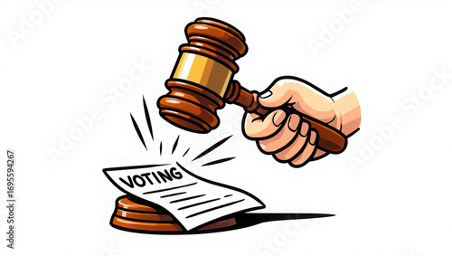 Hand holding a gavel striking a ballot paper with the word voting