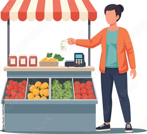 Woman at a fruit and vegetable stall making a purchase.