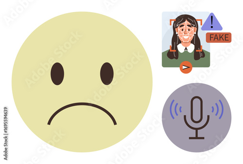 Sad face symbolizing concern, a detected deepfake face with warning label, and a microphone depicting audio manipulation. Ideal for online safety, fake news, AI ethics, media literacy