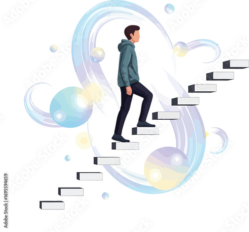 Young man climbing stairs towards abstract light orbs.