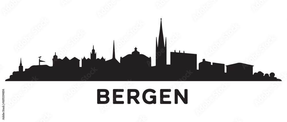 Obraz premium Bergen skyline silhouette. Black Bergen city design. Vector black silhouette. with white background