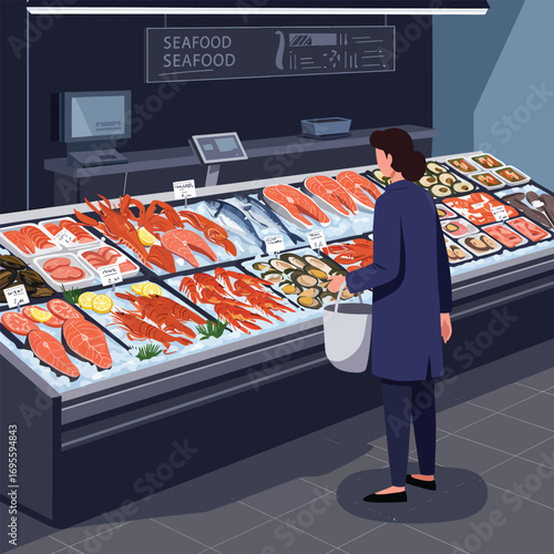 A person selects fresh seafood from a wellstocked display counter.