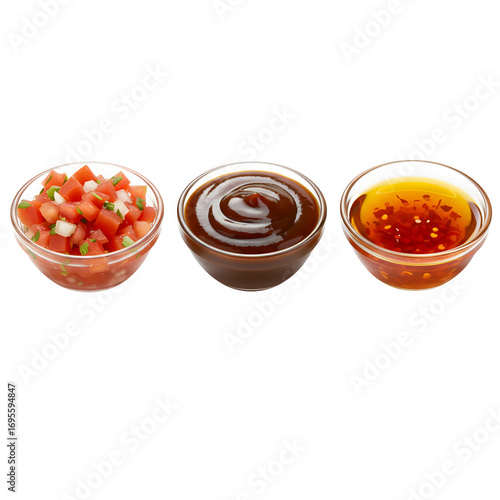 A row of three dipping sauces pico de gallo, barbecue sauce, and chili oil, Isolated on white or transparent background, PNG format.