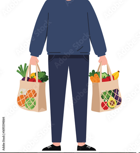 Person holding reusable shopping bags filled with fresh produce.