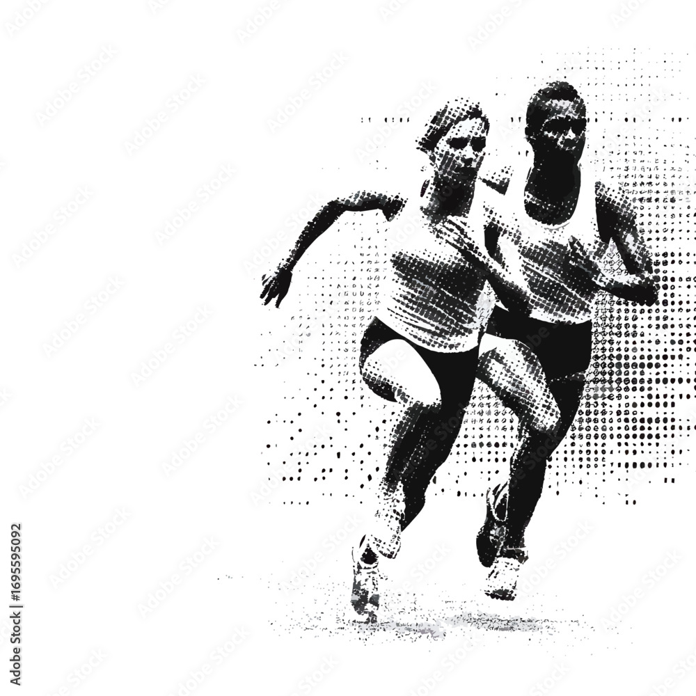 Naklejka premium Two athletes race against each other on a track, showcasing their speed and determination during a competitive sprint. The scene captures the intensity and focus of the event.