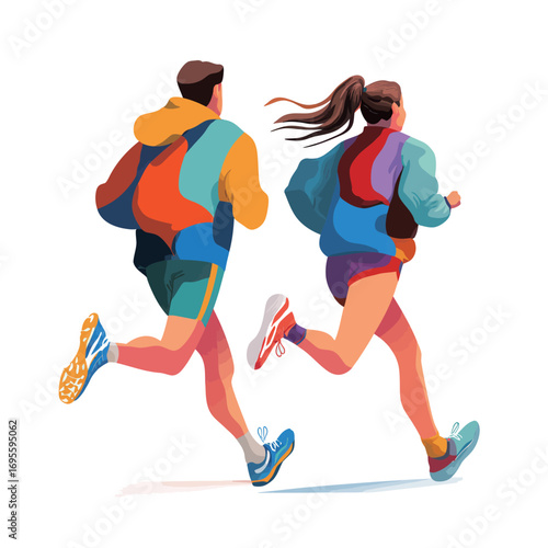 Two energetic runners, a man and a woman, sprint together in colorful athletic wear, enjoying an active day outdoors.