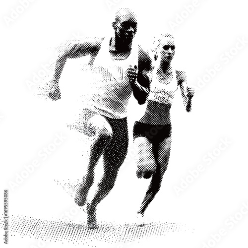 Two athletes are racing on a track, both focused intensely on the finish line. Their powerful strides create a sense of motion and urgency as they compete.