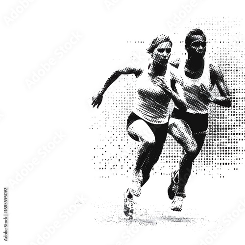 Two athletes race against each other on a track, showcasing their speed and determination during a competitive sprint. The scene captures the intensity and focus of the event.