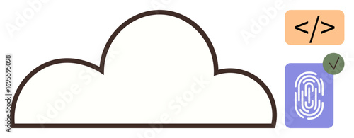Cloud outline with fingerprint for secure authentication and code symbol for development. Ideal for tech, data storage, security, software engineering, cloud services, programming, minimalism. Clean