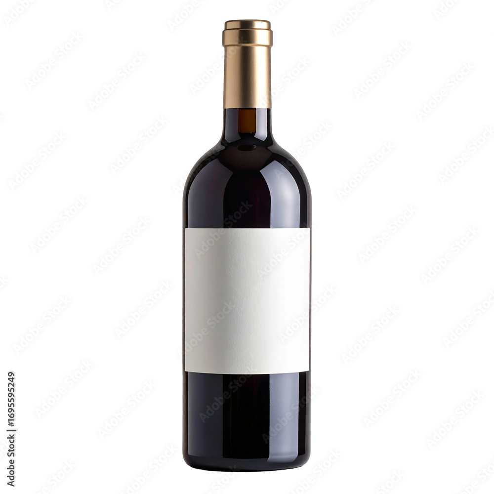 Fototapeta premium Dark glass wine bottle with blank label and metallic top isolated on white background, professional beverage photography.