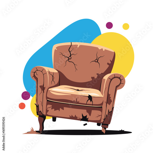 Vintage armchair with worn fabric and vibrant background for retro interior design projects