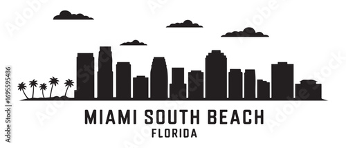 Miami South Beach skyline horizontal banner. Miami South Beach, Florida. Vector black silhouette. with white background