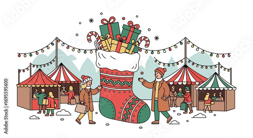 Charming christmas market illustration with festive stocking and joyful holiday shoppers
