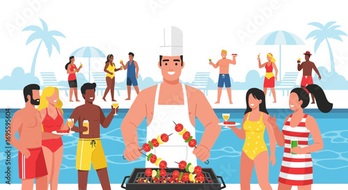 Cartoon Illustration of a Summer Pool Party with People Enjoying BBQ and Drinks near Water