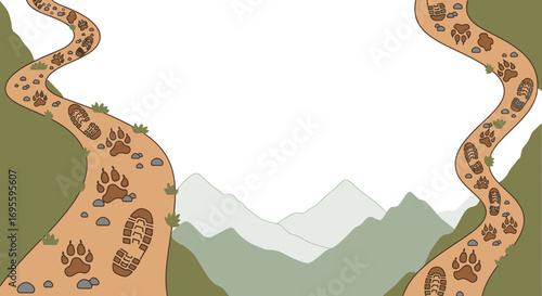 Cartoon illustration showcasing contrasting paths of human and animal footprints across mountains
