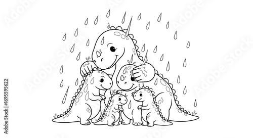 Charming dinosaur family under the rain: A delightful and heartwarming illustration for children's