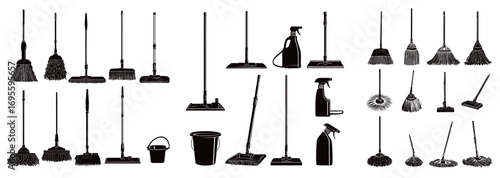 A collection of essential cleaning tools is displayed, including brooms, mops, buckets, and sprays, organized for practical use in household cleaning.