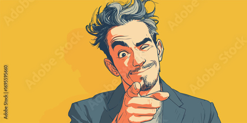 A playful character with tousled hair points confidently while winking. The vibrant yellow backdrop enhances the cheerful and lively demeanor of the subject.