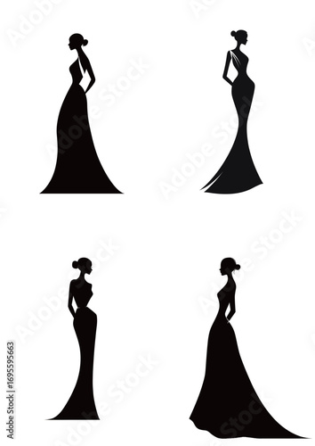 Silhouettes feature graceful women in elegant evening gowns, showcasing various poses and designs ideal for fashion illustration. These figures enhance creative projects.