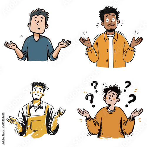 Four individuals display various expressions of confusion and uncertainty while raising their hands.