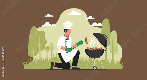 Chef expertly grilling sausages at a barbecue, cooking with passion and skill outdoors in nature