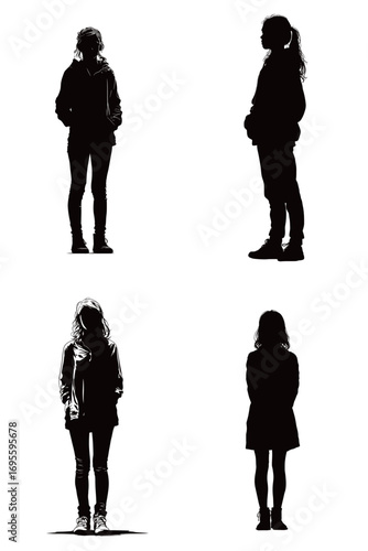 Four distinct silhouettes of girls are depicted, showcasing various poses and stances. Each figure stands alone, conveying a sense of individuality and emotion.