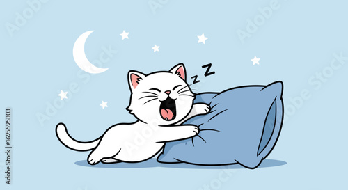 Cute sleepy white cat cartoon illustration with pillow under the moonlight and stars
